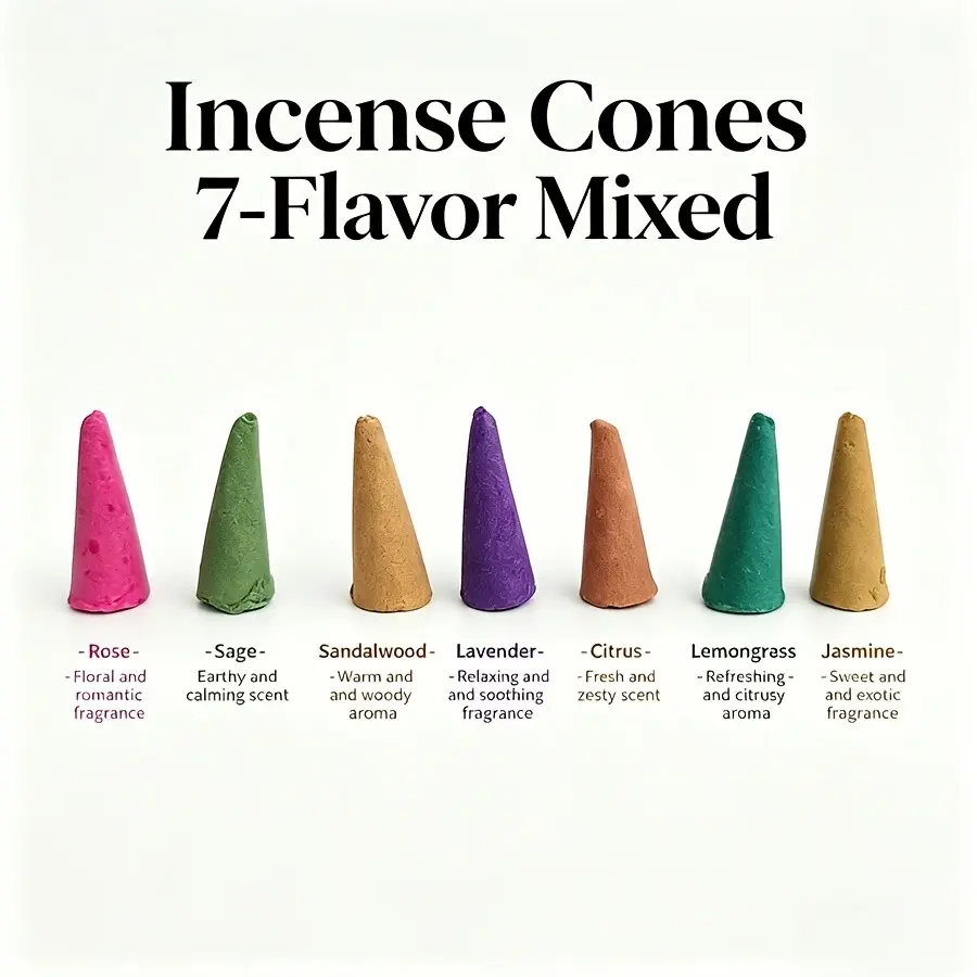 Long-Lasting Sandalwood, Rose & Jasmine Scented Cones, Natural Deodorizing Fragrance, Home Fragrances, Floral Woody Aroma, Ideal for Yoga & Home Gatherings, Relaxing Atmosphere Without Burner