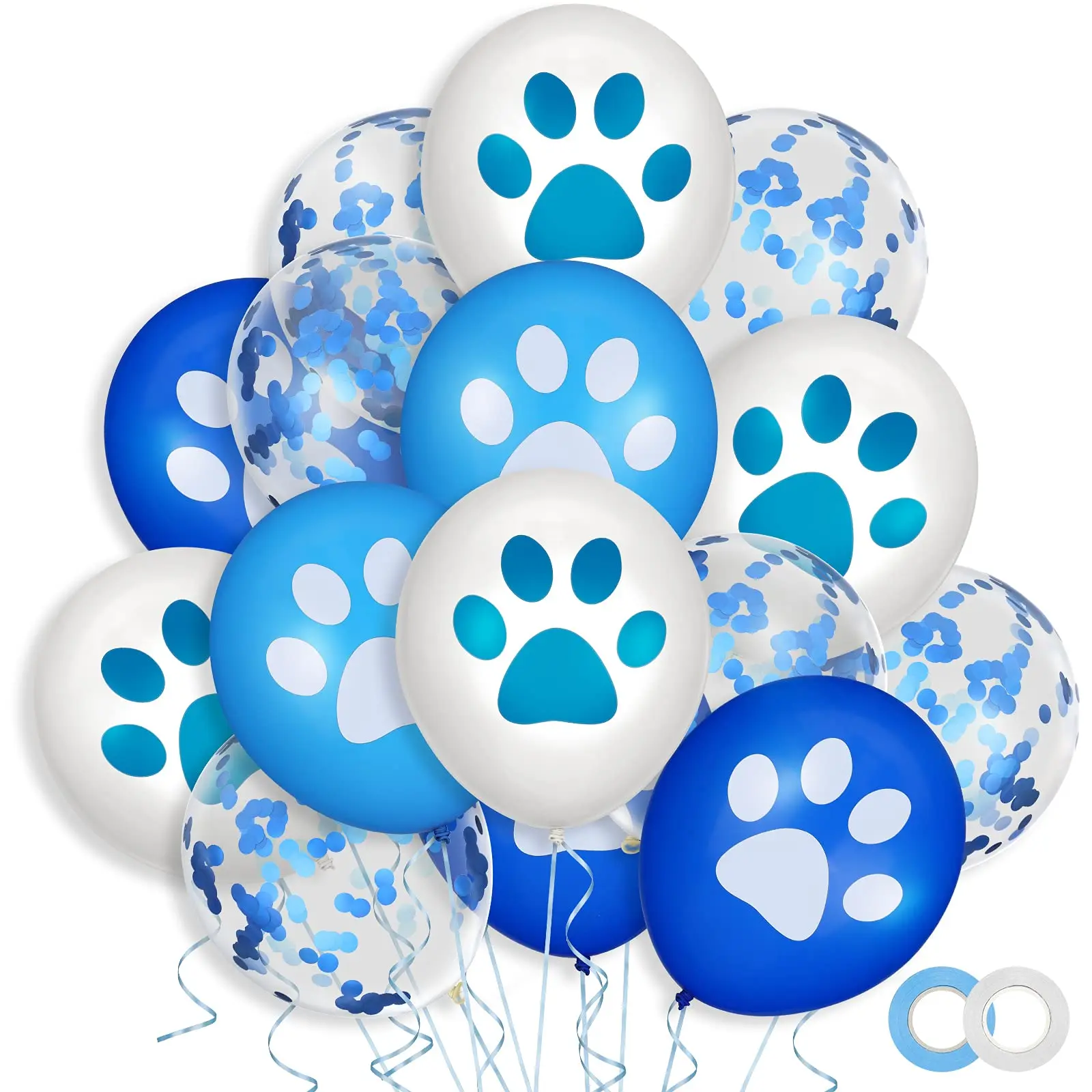 35 Pcs Paw Print Balloons Set, Blue & White Confetti, Ribbons for Birthday, Baby Shower