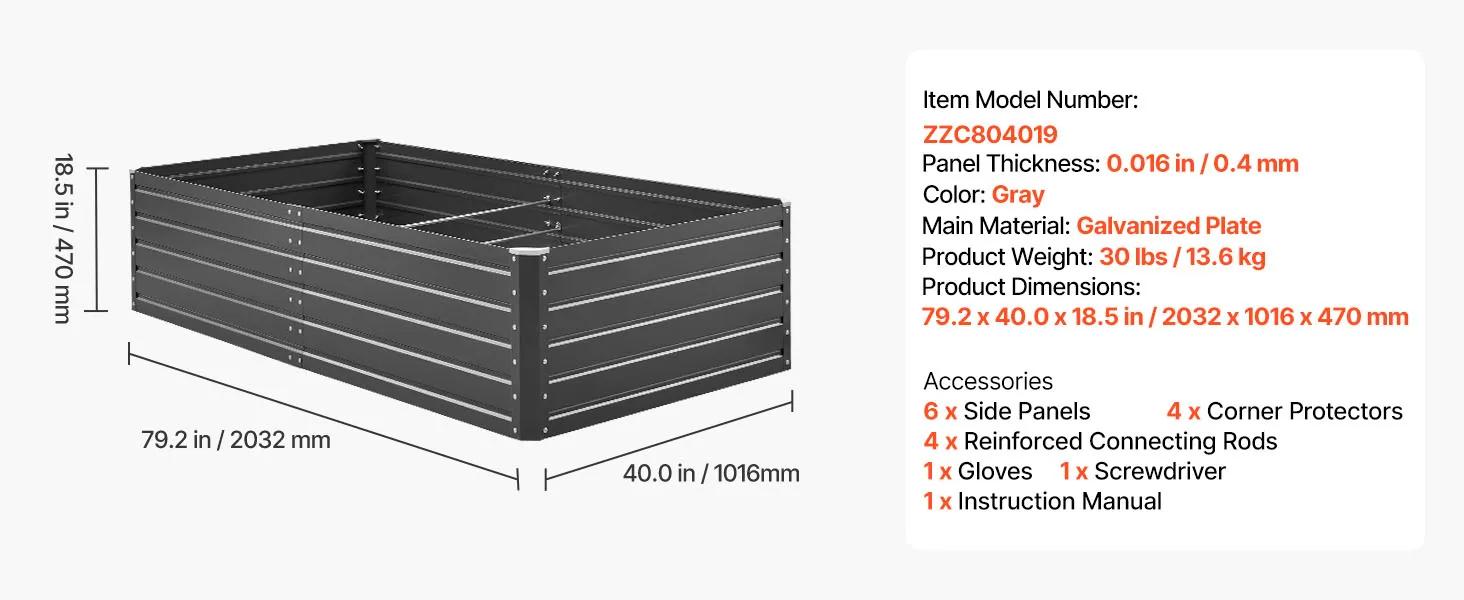 VEVOR Metal Raised Garden Bed, 6.7 x 3 x 1.5 ft Outdoor Galvalume Planter Garden Box, Open Bottom Design, Large Planter Raised Bed for Growing Vegetables, Flowers, Herbs, and Succulents, Gray