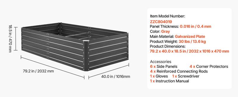 VEVOR Metal Raised Garden Bed, 6.7 x 3 x 1.5 ft Outdoor Galvalume Planter Garden Box, Open Bottom Design, Large Planter Raised Bed for Growing Vegetables, Flowers, Herbs, and Succulents, Gray