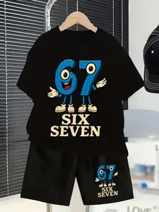 Trendy Digital 67 Cartoon Printed Set, Outfit Sets, Capture Street Attention Kids' Fashion, Fitted Style All-Over Design, Perfect Gift Choice, Outfits Set