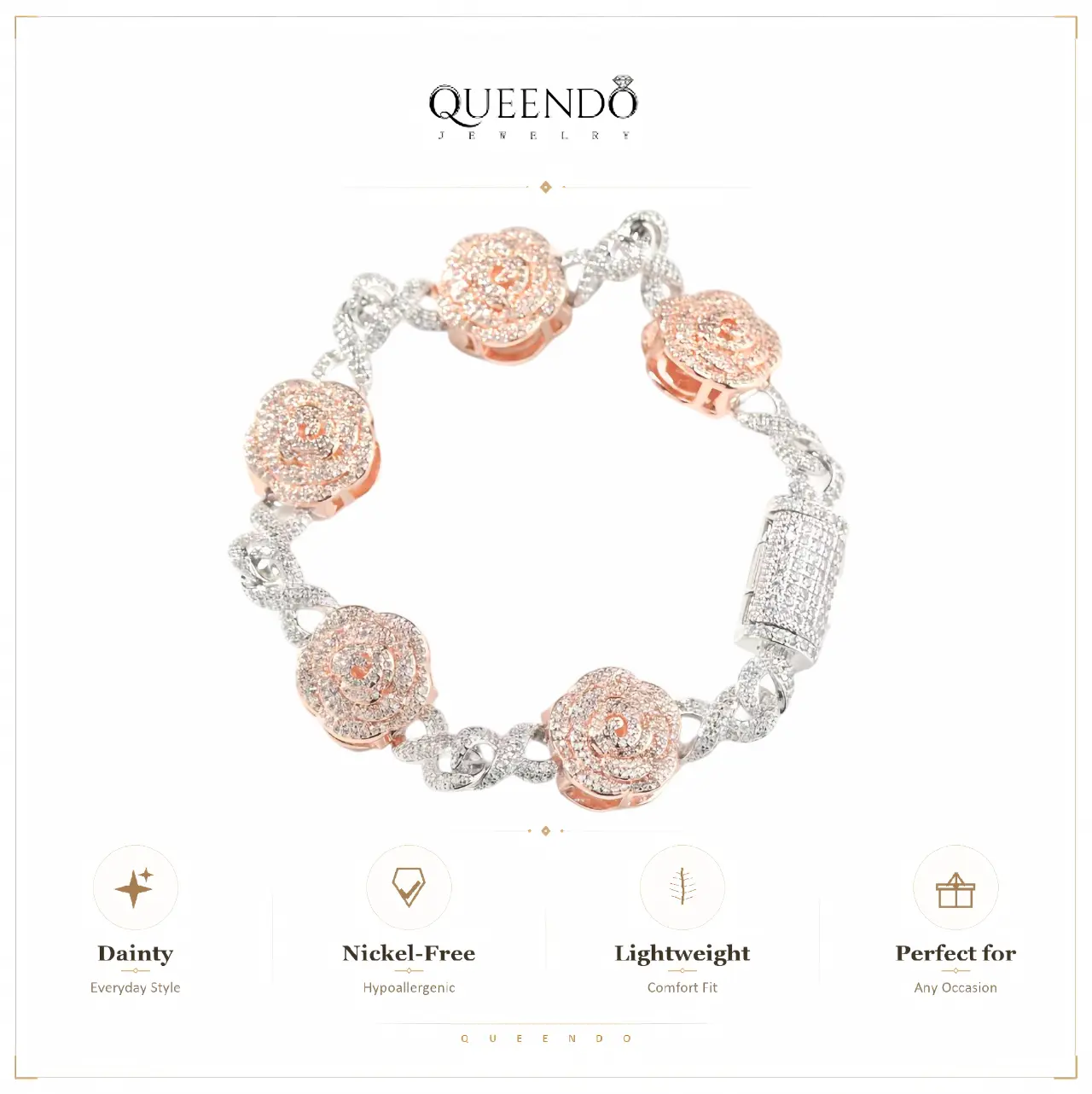 QUEENDO Iced-Out Rose Twisted Link Bracelet - 2-Tone Sparkling Rose Flowers Inlay, Vintage Hip-Hop Stackable Wrist Accessory, Funky Statement Design, Non-Tarnish Smooth Finish, Adjustable Size Copper Base, Casual Wear Party Jewelry Gift