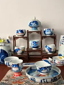 1 Hand-painted blue cat ceramic teacups, every brushstroke full of cuteness
