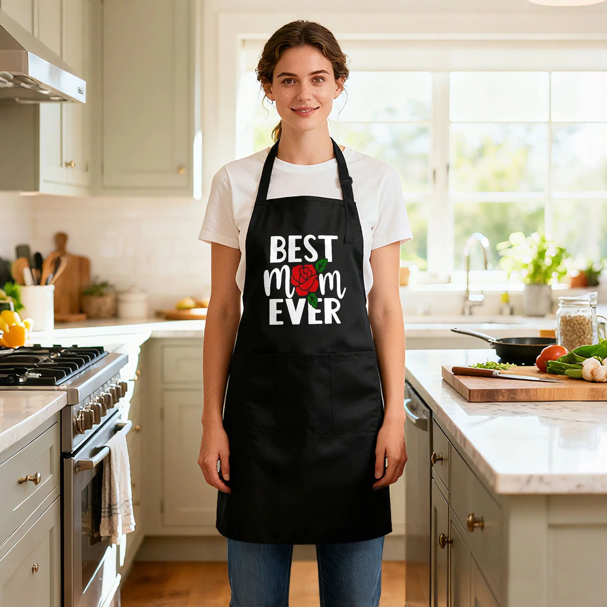 Cooking Aprons for Women with Pockets, Best Mom Ever Apron for Baking Kitchen Chef, Birthday Gifts for Mom Wife