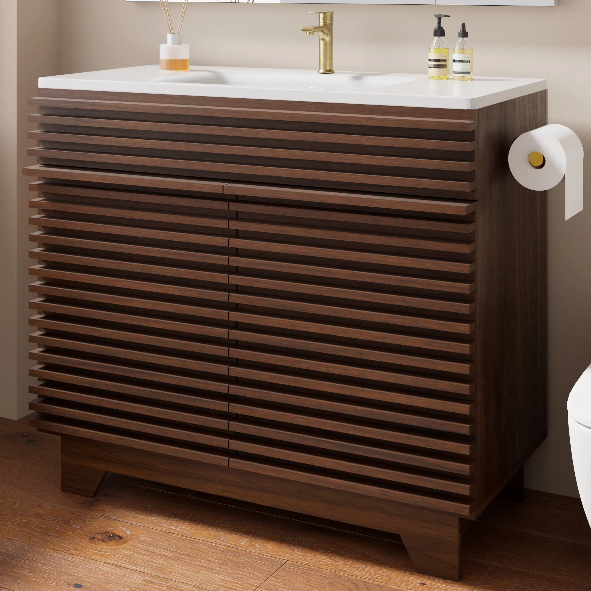 36 in Freestanding Wood Bathroom Vanity with Overflow Sink - Mid-Century Modern Sturdy Cabinet, White Ceramic Basin, Built-in Toilet Paper Holder, Towel Hooks, Shelves, Walnut Finish, Fluted Panels, Clean Look, Bathroom Upgrade, Assembly Required