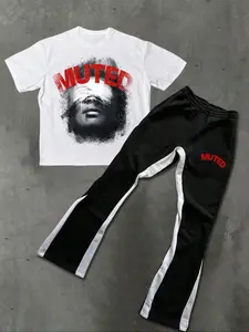 Men's Two-Piece Casual Fashion Knit Suit Set, Eye-Masked Man Graphic Printed Short Sleeve T-Shirt and Drawstring Flared Pants, Loose-Fitting Street Style for Spring and Summer Wear