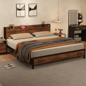 Garvee King Size Bed Frame with Storage Headboard, Industrial Platform Bed with Charging Station and USB Ports, No Box Spring Needed, Easy Assembly, Rustic Brown Finish