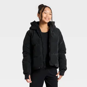 All In Motion Girls' Midweight Puffer Jacket - Water-Resistant Hooded Coat