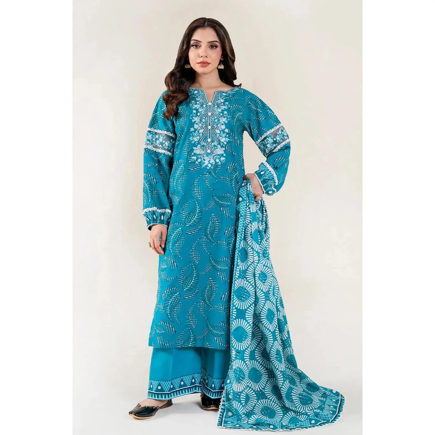 Women's Elegant 3-Piece Stitched Printed Lawn Suit Set - Light Blue Traditional Outfit with Embroidered Long Sleeve Shirt, Dupatta, and Trouser
