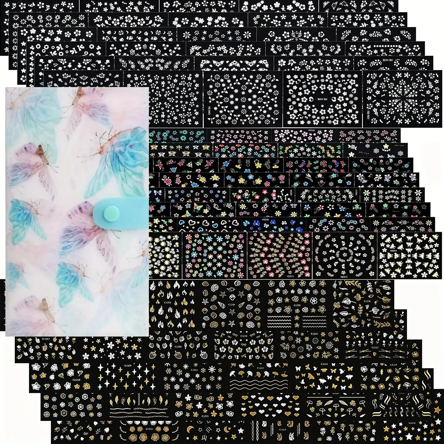 30 Sheets Nail Art Stickers & 1pc Storage Book, 3D Self-Adhesive White Floral Nail Stickers Designs, Multicolor Laser Golden Nail Decals for DIY Manicure Decorations