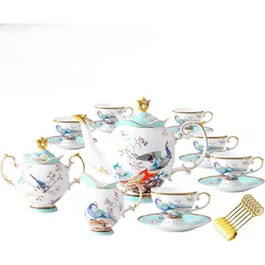 Fine Bone China Tea Set with Teapot, Porcelain Tea Sets for Adults, 21-Piece Vintage Tea Set for 6, 24K Gold Blue English Floral Bone China Tea Sets for Women Tea Party for Christmas Gifts