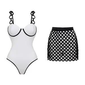 FLAXMAKER Women's Ring Strap Push Up White Black Color Block One Piece Swimsuit and Matching Mini Skirt Set Bathing Suit Stylish Beachwear #TikTokShopBlackFriday SpringStatements