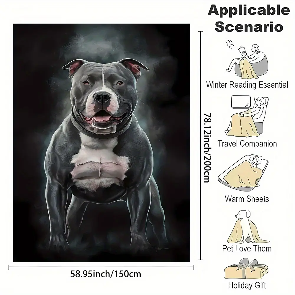 3D Black Muscle Pitbull Pattern Reversible Flannel Throw Blanket - Multi-Size, Digital Print, Soft High-Quality Polyester, Non-Pilling, Shed-Free, Contemporary Look, All Seasons, Warm Gift for Family, Christmas, Thanksgiving