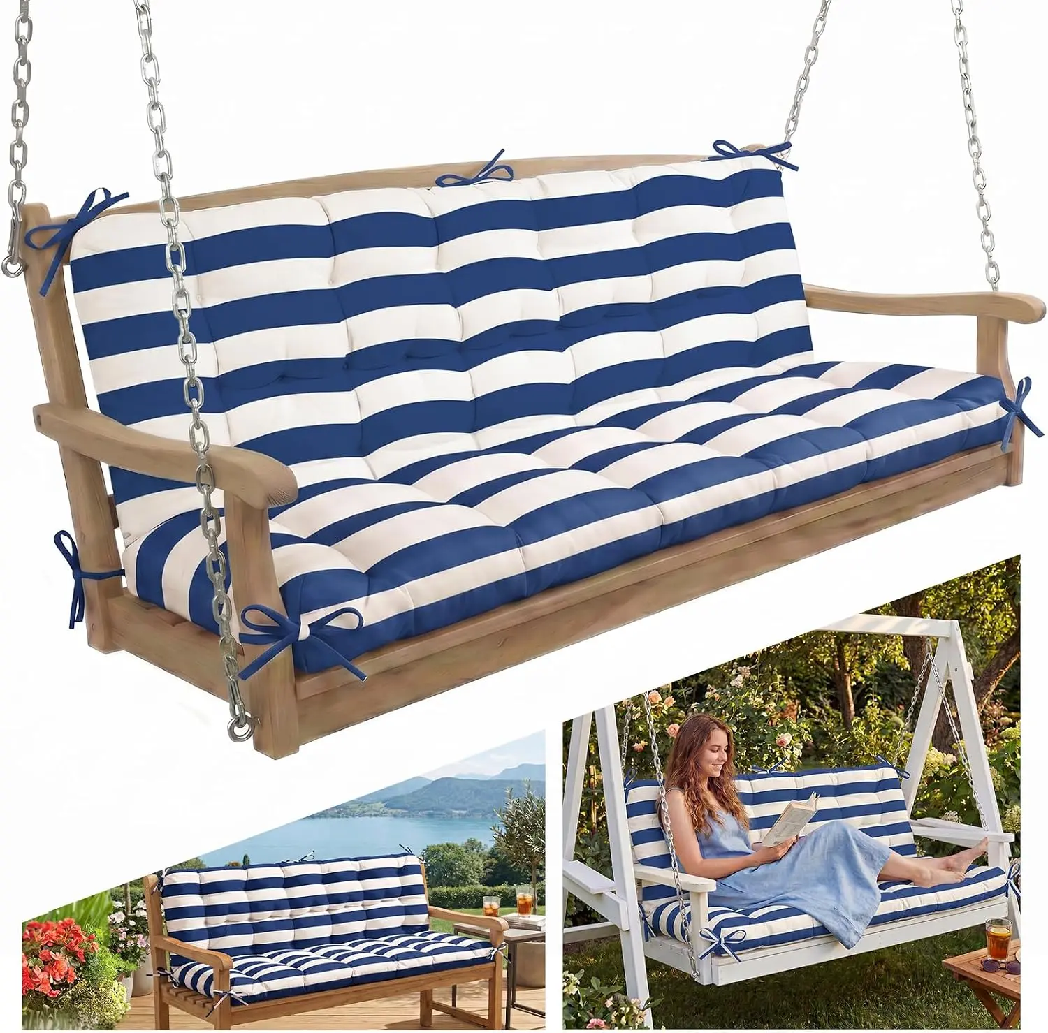 Oxford Fabric Swing Cushions with Backrest & Tie Straps for Patio Bench| Crushed sponge filling, tie straps secure, replacement for 2-3 seater swing chairs