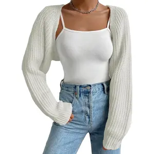 Women Open Front Ribbed Knit Crop Bolero Drop Shoulder Long Sleeve Solid Loose Fit Knitted Crop Cardigan Shrug