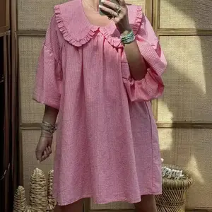 Womens Vintage Ruffle Collar Babydoll Dress Long Sleeve Loose Gingham Mini Casual Dress