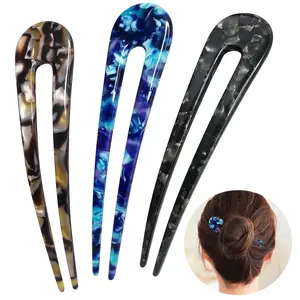 Hair Forks Tortoise Shell U Shape Updo Hair Pins Clips for Thin Thick Hair, Long Classic 2 Prong Bun Hair Sticks Chignon Women  Hairstyle Accessories, 3 Pack (Blue Brown Black)