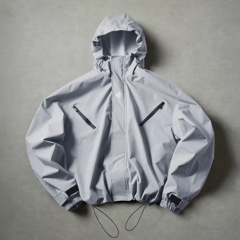 Y2K men’s solid-color loose-fit hooded windproof jacket, functional street-style zip-up outerwear, waterproof casual coat with a drawstring hem and zippered pockets, perfect for everyday outdoor wear.