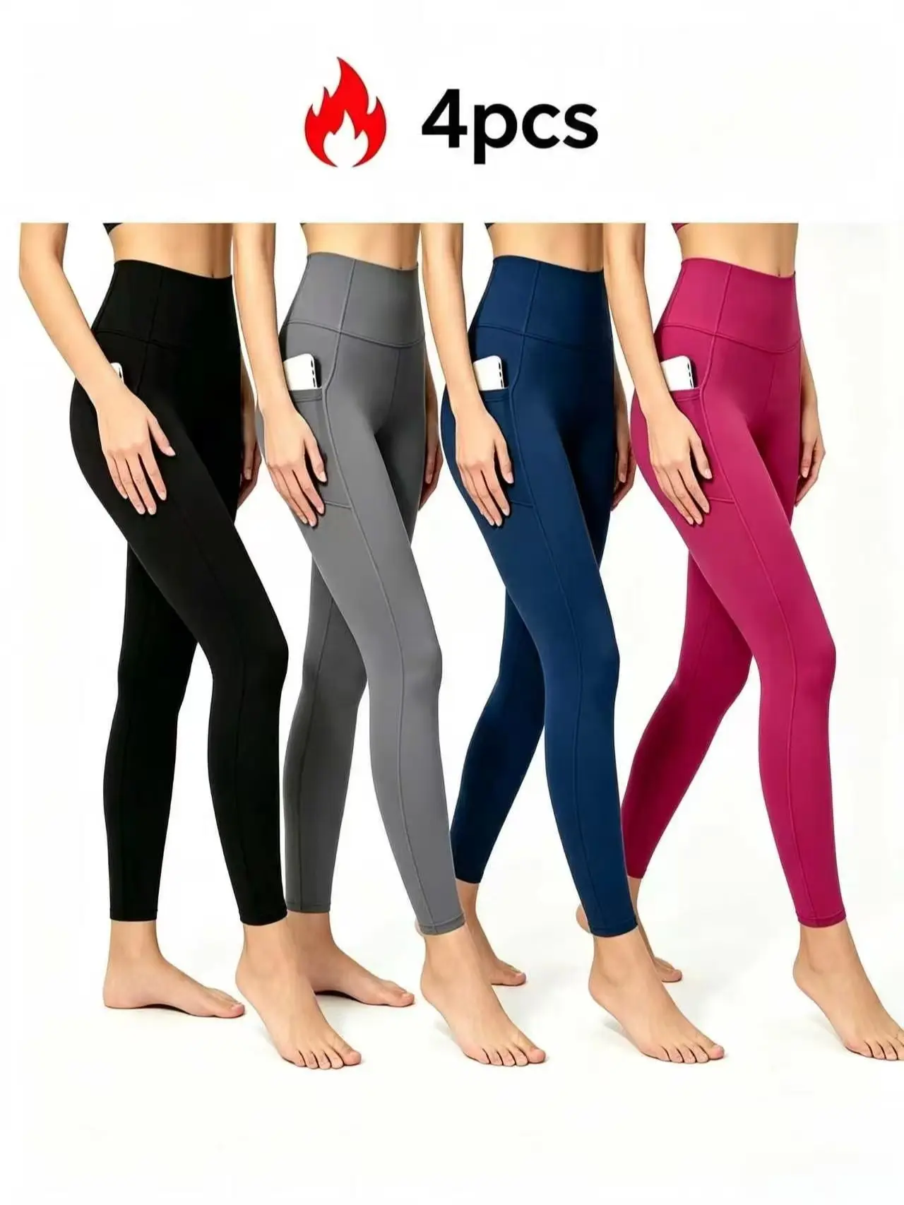 4 Pack Thermal Yoga Pants for Women | Fleece Lined High Waist Seamless Leggings with Side Pockets, Butt Lift Tummy Control Winter Gym Running Activewear loose fit casual trouser cargo clothes street style