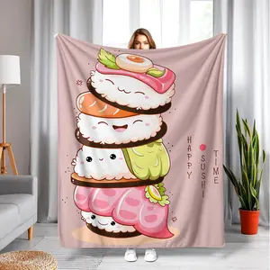 Kawaii Sushi Throw Blanket - Cute Stacked Sushi Print Flannel Blanket Cozy Soft for Anime Food Lovers Bedroom Decor Japanese Food Themed Gift
