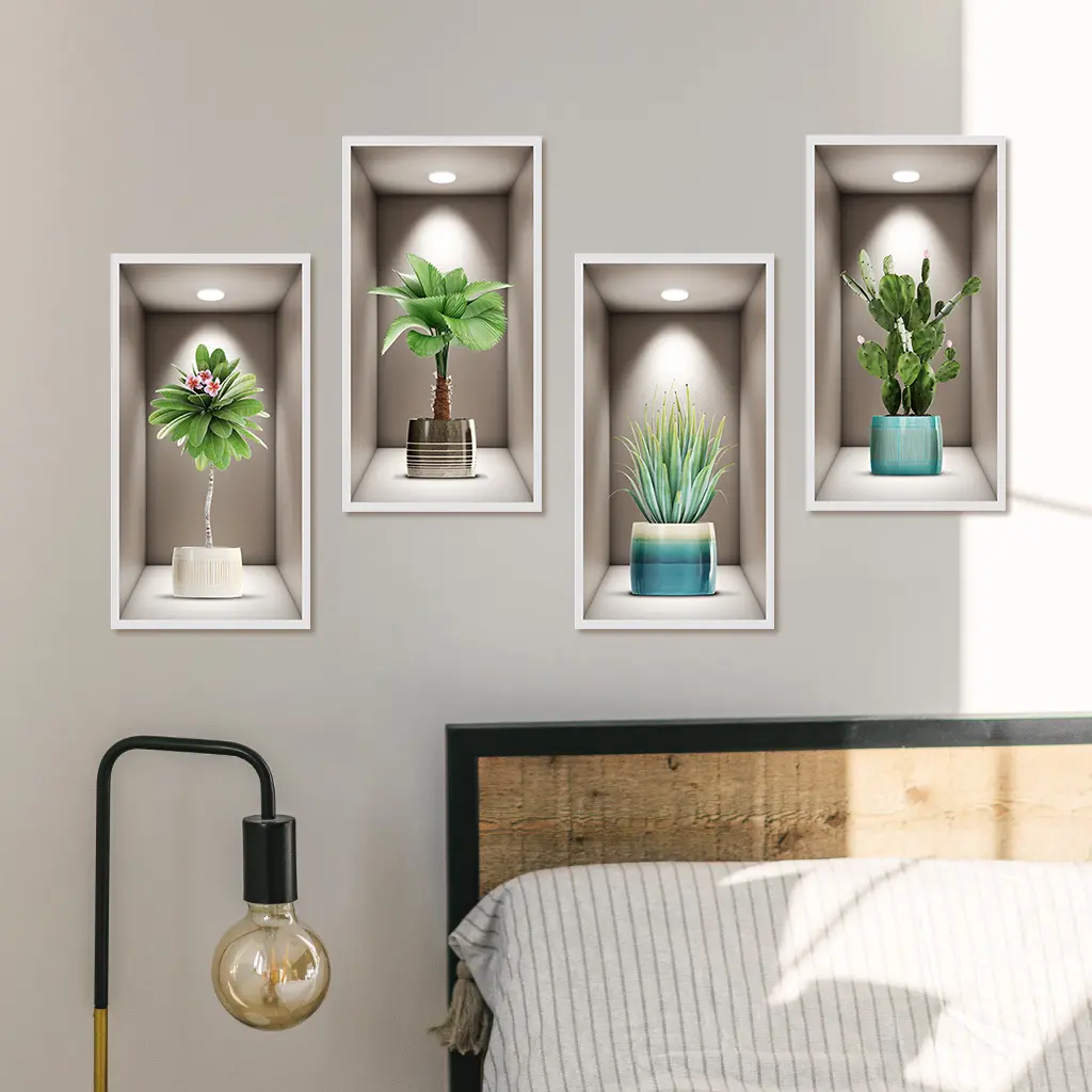 4pcs modern minimalist simulation green plant wall stickers, Decoration items, suitable for home decoration, outdoor decoration, wall decoration, etc., self-adhesive detachable waterproof stickers, adding vitality to family life