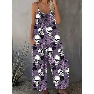 Plus Size Skull Print Slip Jumpsuit, Casual Ruched Sleeveless Pockets Jumpsuit, Women's Plus Size?Clothing Fabric Womenswear Overalls Spandex Dark Violet Spaghetti Strap