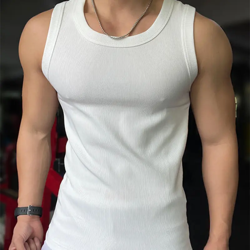 Mature Casual Men's Fashion Ribbed Textured Slim Fit Elastic Undershirt Tank Top