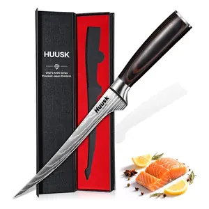 Huusk Filet Knife for Fish - 7 Inch Fish Fillet Knife with Wood Handle, Flexible Boning Knives for Meat Cutting, Professional Japanese Fishing Knives for Meat Poultry Cutting
