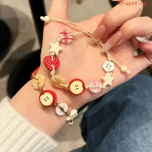 Handmade Ceramic Apple Bracelet With Star Charms Adjustable Resin Button Design Vintage Elegant Chic Jewelry For Women Daily Wear