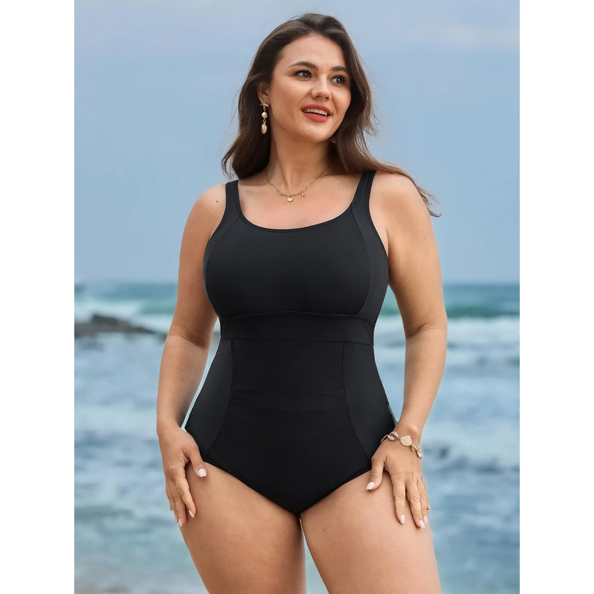 BLOOMCHIC Plus Size Back-Tie Tummy-Control One-Piece Swimsuit [M-6X] Tummy Control Swimwear, Gathered PatchworkSwimming Bathing Suit,Summerfinds