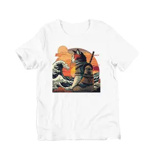 Retro samurai cat T-shirt, The Great Wave off Kanagawa Hokusai, Top, Streetwear, Round Neck, Shortsleeve, women's shirt, Trending Clothes, High Quality, Sport, Street Style, Many Colors Size S To XL, tiktokshop Womenswear Underwear
