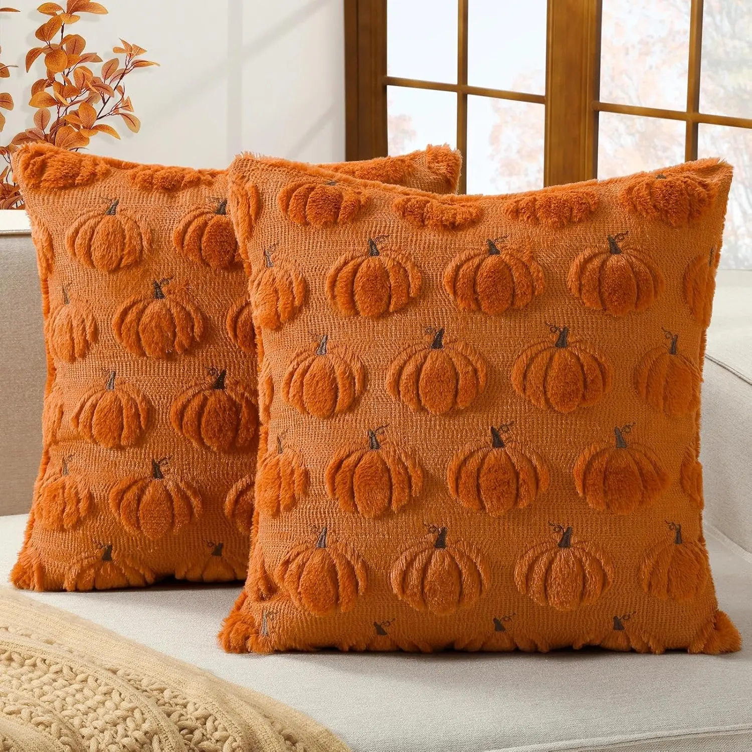 Pack of 2 Rust Fall Throw Pillow Covers 18x18 Orange Pumpkin Decor | Double-Sided plush comfort with raised Autumn pumpkin embroidery, designed for couch sofas, bedrooms, and home decorations.