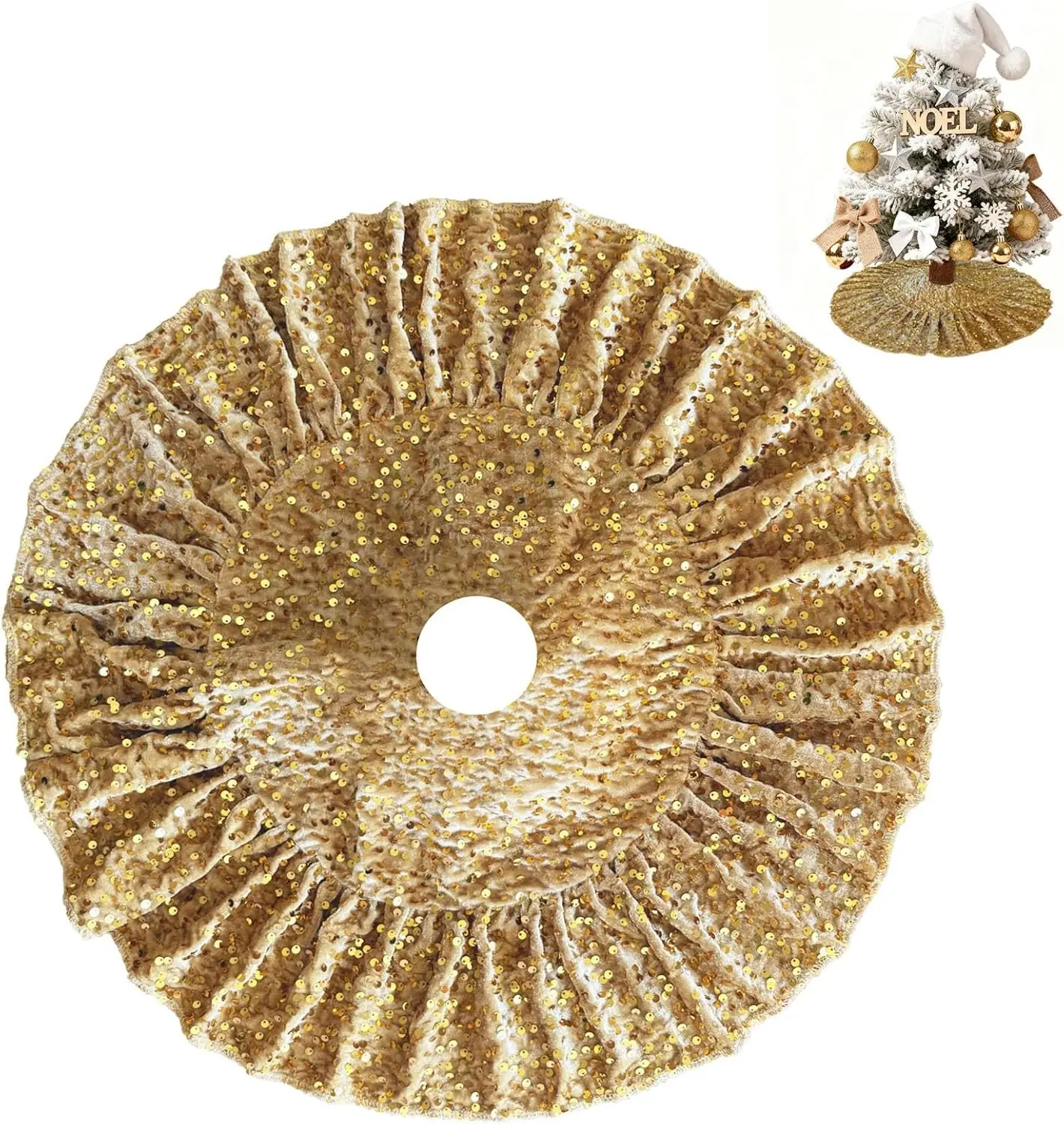 Small Christmas Tree Skirt Gold Sequin Ruffled Tree Skirt 24 Inch | Vintage Tree Skirt for 4FT Tree Glitter Golden Skirt for Christmas Tree Xmas Holiday Ornament Christmas Tree Stand Mat Decor