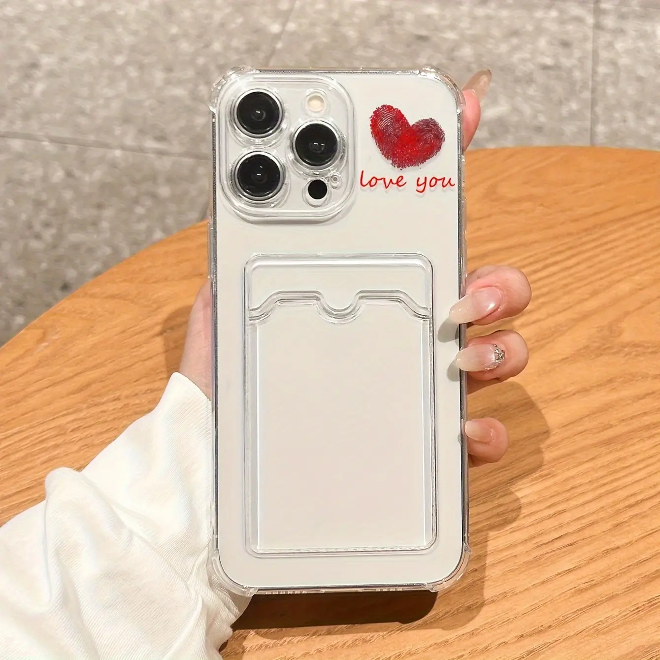 "Love You" Fingerprint Heart Clear Phone Case with Card Slot | Shockproof for iPhone 11-16 Pro Max/Plus/Pro