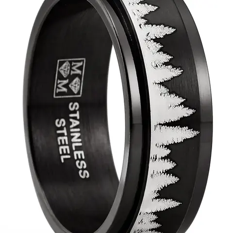 Men's 8MM Hypoallergenic Cobalt-Complimentary Stainless Steel Finger Ring - Forest Trees Laser-Etched Brushed Spinner Band, Outdoor Anxiety Relief Jewelry, Stress Relief Adult Gift Accessory