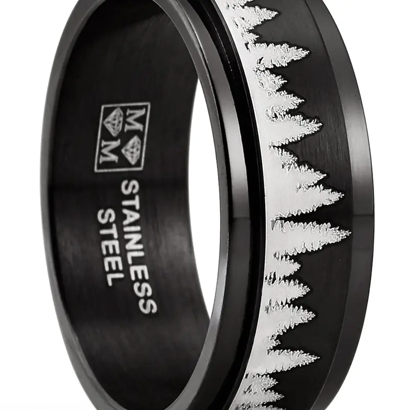 Men's 8MM Hypoallergenic Cobalt-Complimentary Stainless Steel Finger Ring - Forest Trees Laser-Etched Brushed Spinner Band, Outdoor Anxiety Relief Jewelry, Stress Relief Adult Gift Accessory