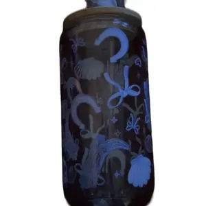 Cowboy Blue Glass Cup with Horseshoe and Floral Etching for Unique Drinking Experience