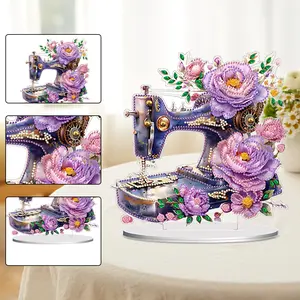 2D Flat Flower Sewing Machine Print DIY Diamond Painting Tabletop Ornaments Kit Table Top Diamond Painting Ornament Kits 5D DIY Diamond Art Tabletop Decorations for Home Office Desktop Decor