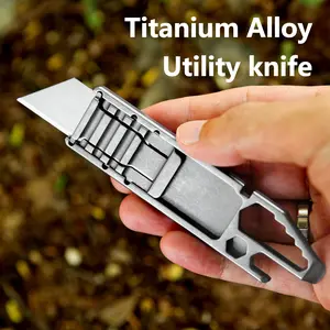 Titanium alloy utility knife, multifunctional tool, equipped with bottle opener, hexagonal screwdriver, pry bar, ruler, etc., manual retractable cutting knife, 10 replacement blades