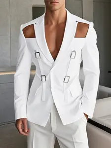 Men's Solid Hollow Out Long-Sleeve Blazers, Casual Lapel V-Neck Pocket Belt Design Suit Coat for Spring & Fall, Jacket for Men, Party Outfits, Streetwear Men's Clothing for Daily Wear, Menswear