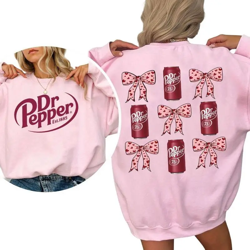 Dr Pepper Coquette Bow Pink Sweatshirt, Retro Soda Dr Pepper Shirt, 2 Sided Casual Classic Cotton Crewneck Graphic Shirt Gift For Men And Women
