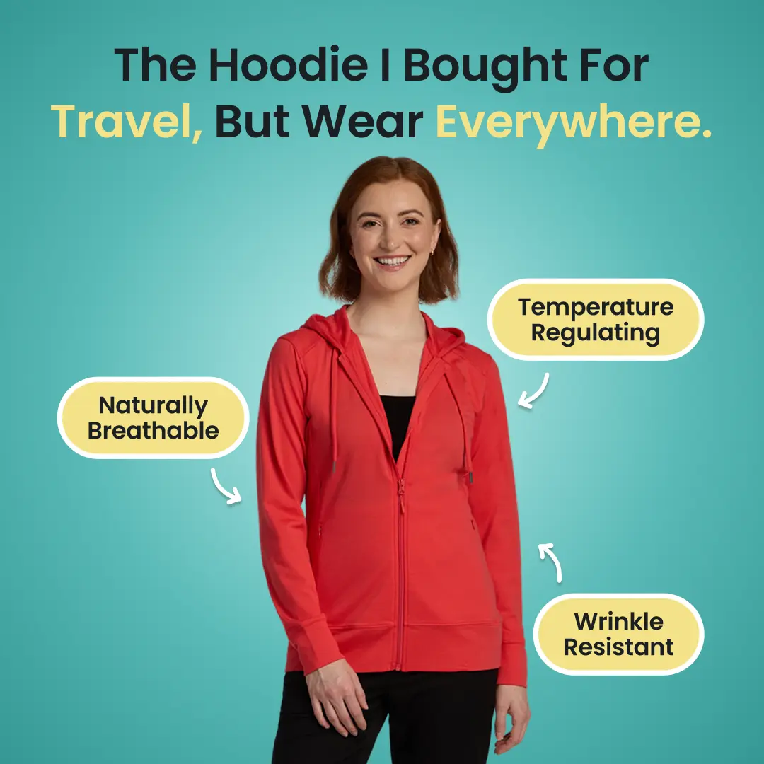 Woolx Ryann Merino Wool Hoodie – Lightweight Zip Up Women's Travel Hoodie Odor Resistant Moisture Wicking Wrinkle Free Packable All Season