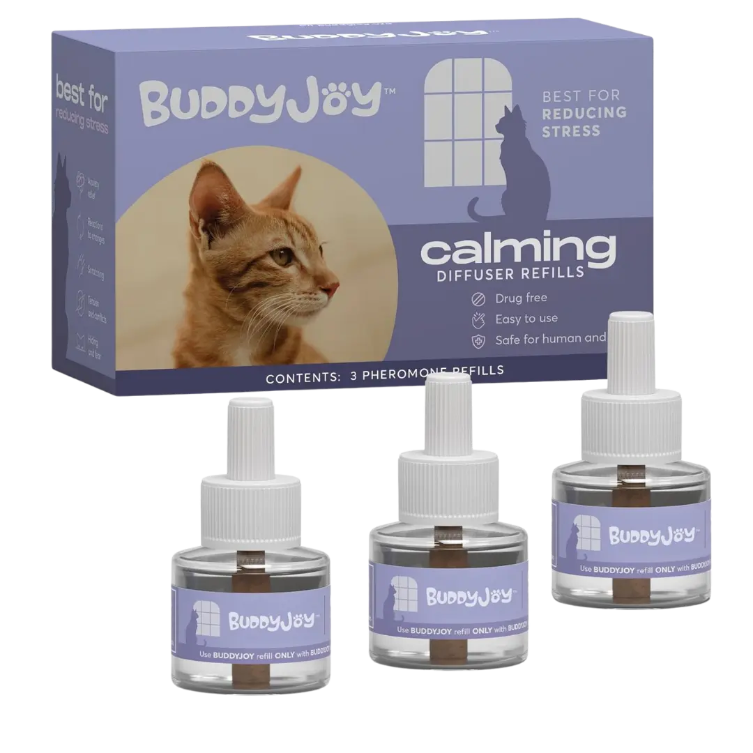 BUDDYJOY Cat Calming Diffuser Refills – Long-Lasting 30-Day Formula with Pheromones for Stress Relief, Relaxation, and Anxiety Reduction in Cats Easy to Use – (3 Refills)