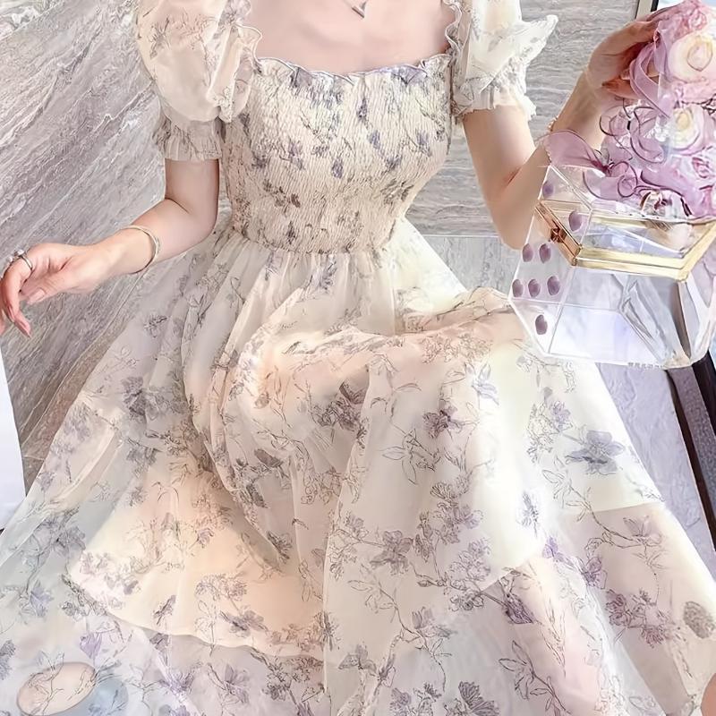Women'S Mid Length Floral Dress With Fashionable Waist, Slim Square Collar, Cute Bubble Sleeves, High Waisted Skirt For Spring And Summer Fit White summer outfits sundress prom dress Polyester Fabric Casual Womenswear Shortsleeve Women'S Mid Length Floral Dress With Fashionable Waist, Slim Square Collar, Cute Bubble Sleeves, High Waisted Skirt For Spring And Summer Fit White summer outfits sundress prom dress Polyester Fabric Casual Womenswear Shortsleeve