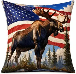 Huglina Patriotic Moose Throw Pillow 18x18 Inch, American Flag Wildlife Decorative Accent Cushion with Insert Included, Rustic Cabin Lodge Farmhouse Home Decor
