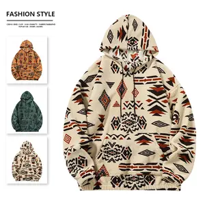 Hoodie with vintage geometric pattern, bohemian vibes, made of plush material that's skin-friendly and warm. The hood adds a casual touch, perfect for men who want to express their individuality while strolling down the street in autumn and winter.