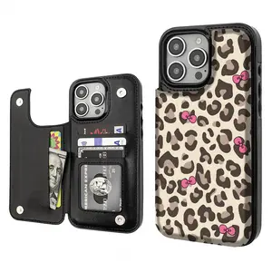 Leopard print Bow Aesthetics Pattern Phone Cases Compatible For With iphone 17 16 15 14 13 12 PRO PLUS MAX Air PU Black Brown Pink Durable Flip High quality Leather Credit Card Bag Holder Gift Wallet Shockproof Anti-Drop Full Protection Phone Cases Shell