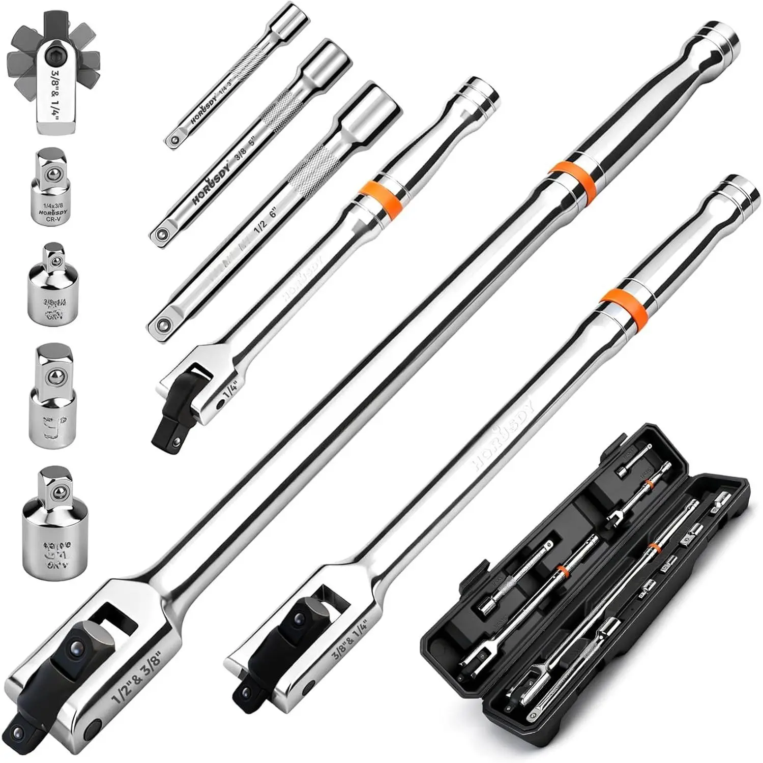 10- Dual-Drive Breaker Bar Set, Heavy-Duty Torque Kit with 360? Rotatable ,  Cr-V Steel, Spring- Detent Ball, Extension Bars & Socket Adapters, Durable Storage Case