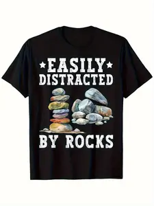Men's Funny Geology Saying T-Shirt - "Easily Distracted by Rocks" Graphic Tee with Colorful Piet Graphic - Soft Breathable Cotton Shirt for Rock Collectors, Geologists, Outdoor Enthusiasts - Casual Casual Attire & Birthday Gifts, Fitness Apparel, Quirky P