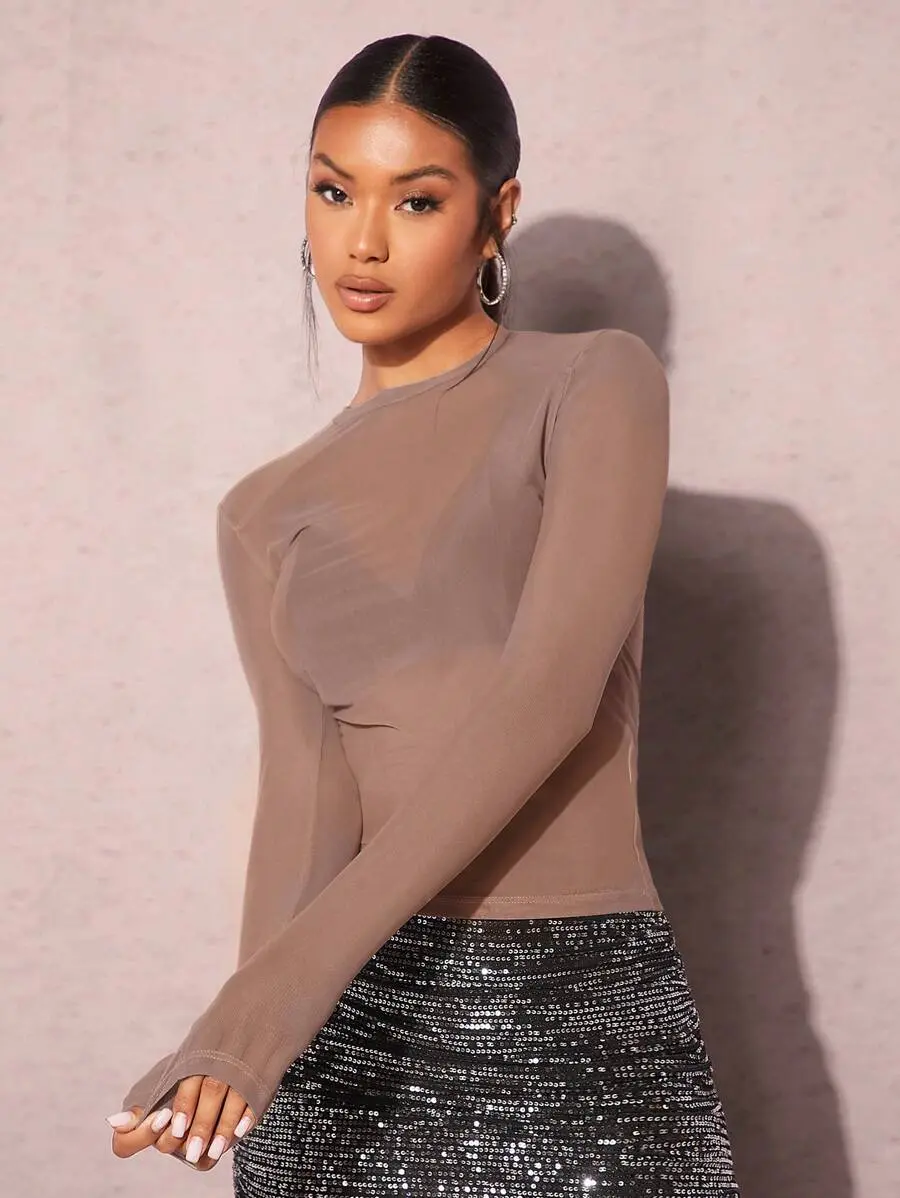Women Mesh Top Solid Sheer Top Without Bra Casual See Through Top Transparent Top Layering Top Women Top